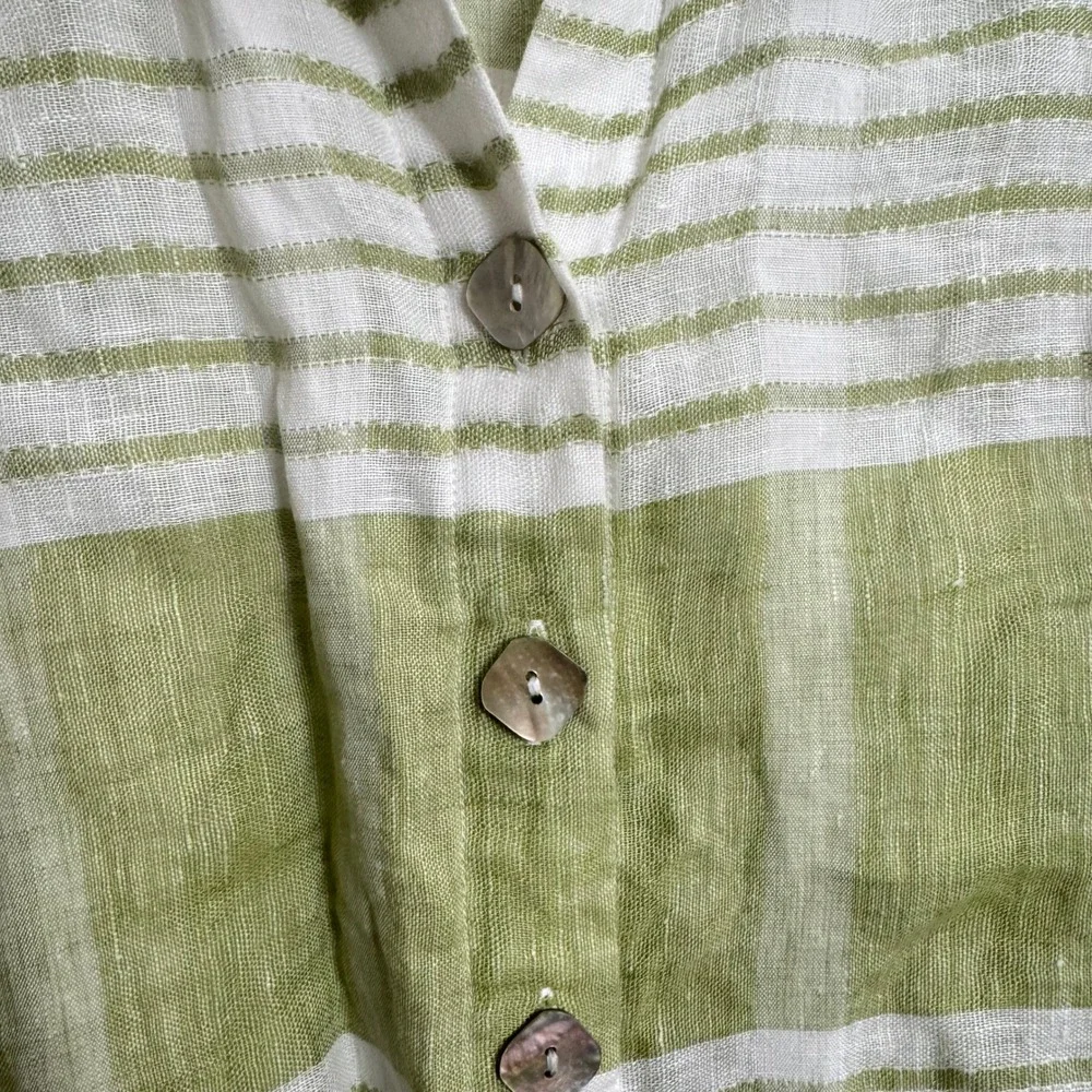 Habitat Womens Size L 100% Linen Striped Button Down Shirt Green White Relaxed - Picture 2 of 7